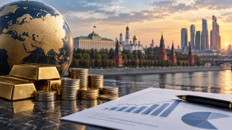 Золотые слитки, монеты и глобус на фоне Москвы как редакционная иллюстрация к новости о международных резервах России