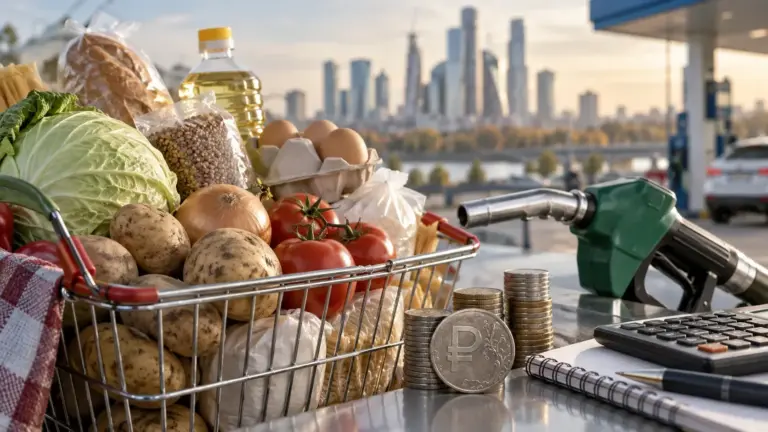 Продуктовая корзина, рублевые монеты и топливный пистолет на фоне города как иллюстрация инфляции и расходов бизнеса