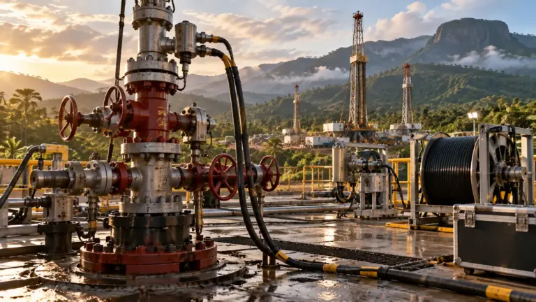 Устьевое нефтегазовое оборудование и сервисная техника на тропической буровой площадке на фоне нескольких буровых вышек