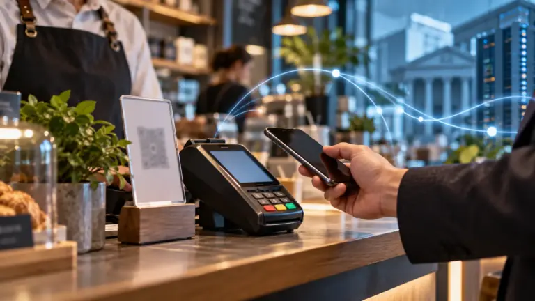 Покупатель оплачивает заказ смартфоном у кассы с платежным терминалом и QR-оплатой, на фоне видна цифровая платежная инфраструктура