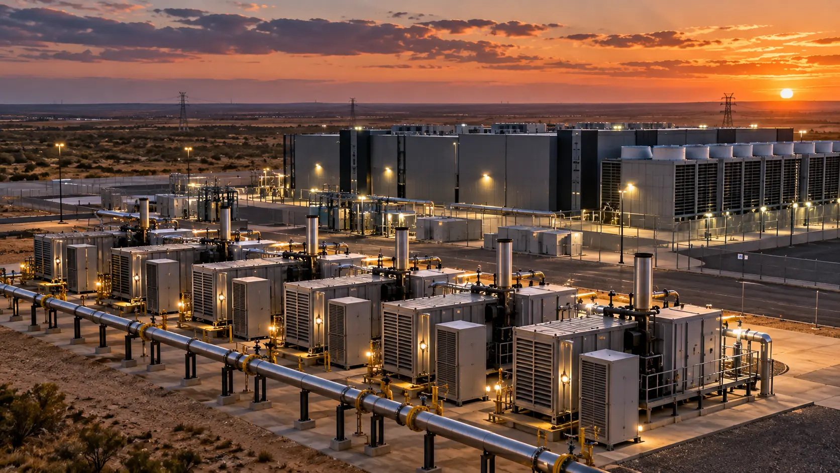 Газопоршневые генераторные установки и газовая обвязка рядом с крупным дата-центром в засушливом техасском ландшафте