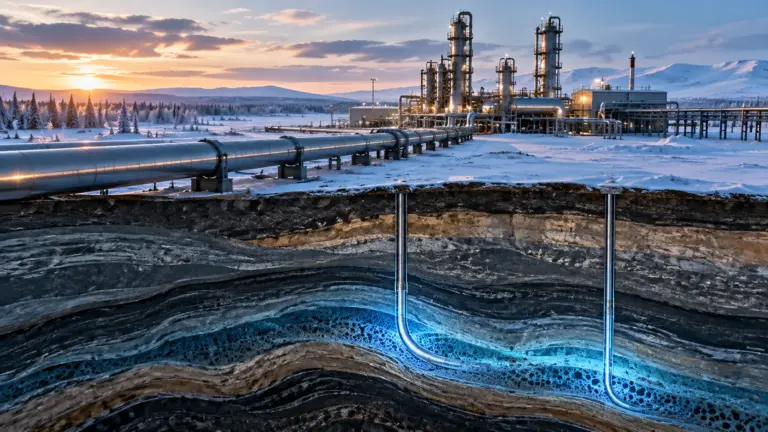 Газовая инфраструктура над разрезом геологических пластов со сложным подземным газовым горизонтом и скважинами