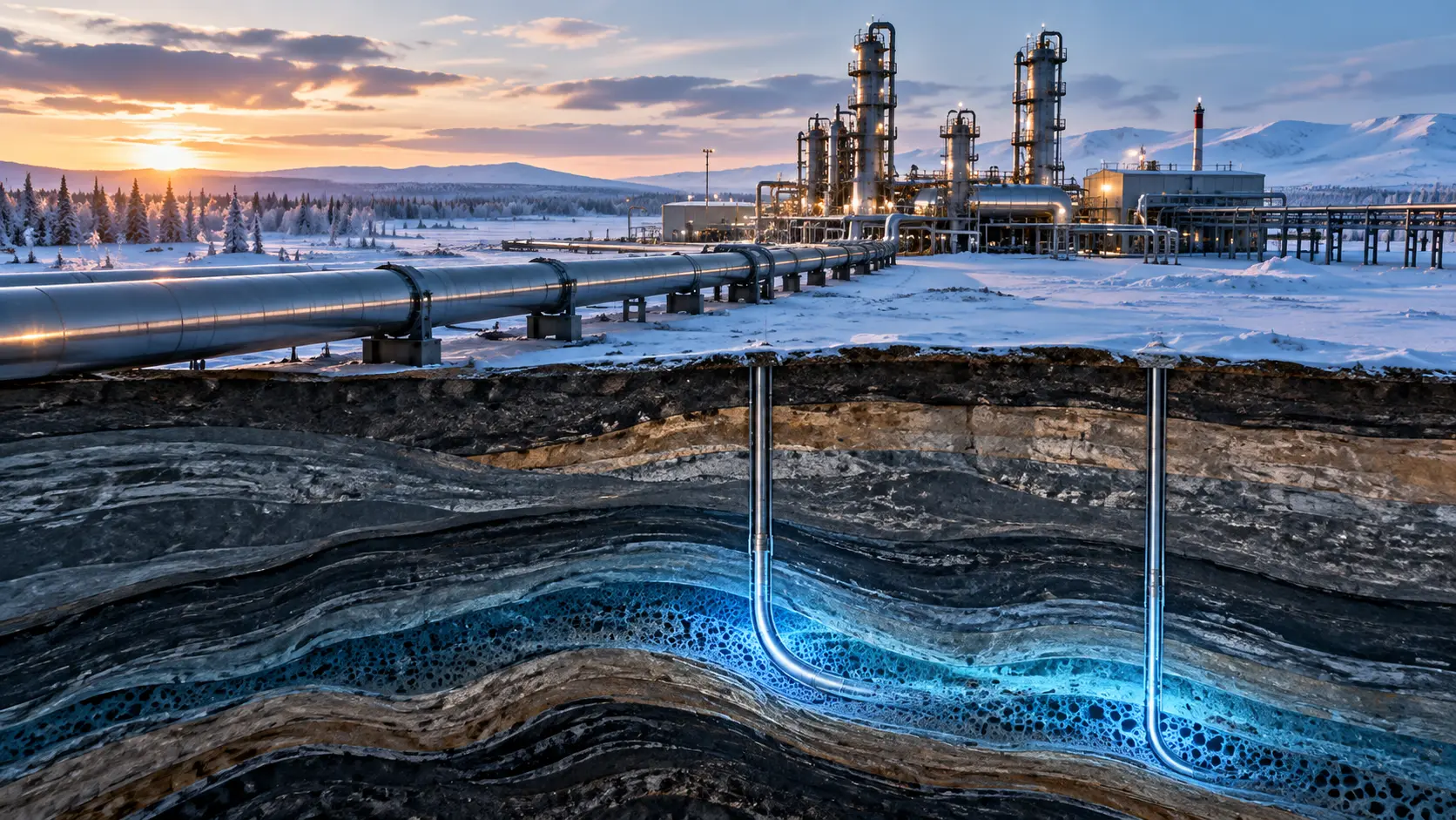 Газовая инфраструктура над разрезом геологических пластов со сложным подземным газовым горизонтом и скважинами