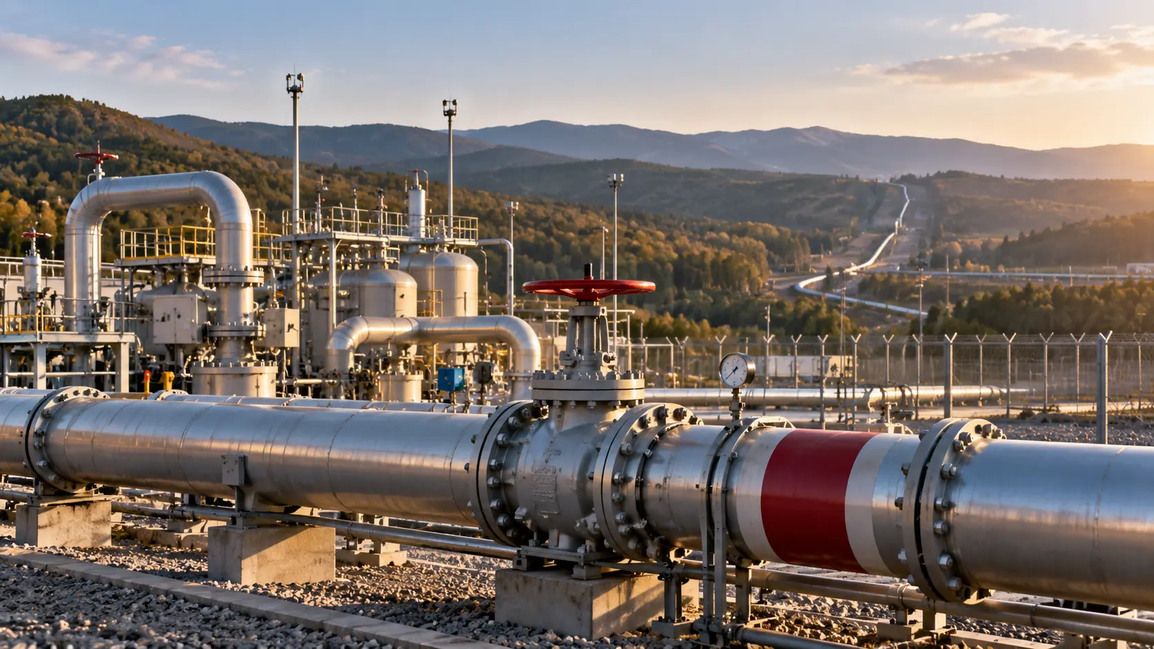 Газотранспортная инфраструктура с крупными трубопроводами, запорной арматурой и измерительным оборудованием