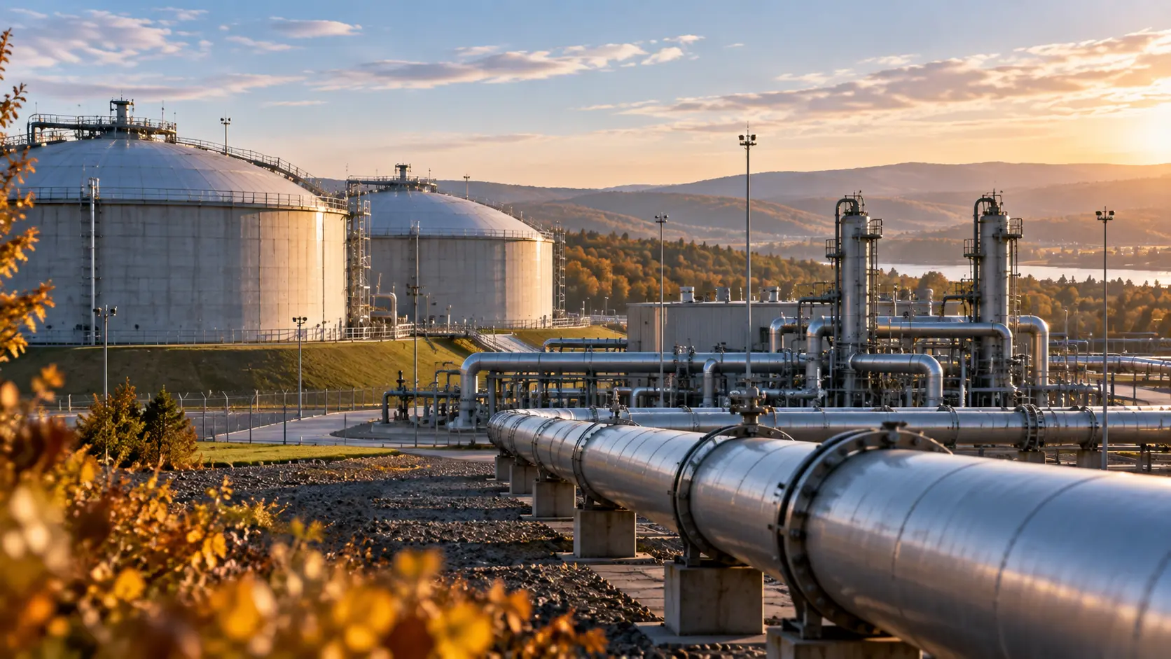 Европейская газовая инфраструктура с крупными резервуарами, трубопроводами и промышленной площадкой на фоне осеннего пейзажа