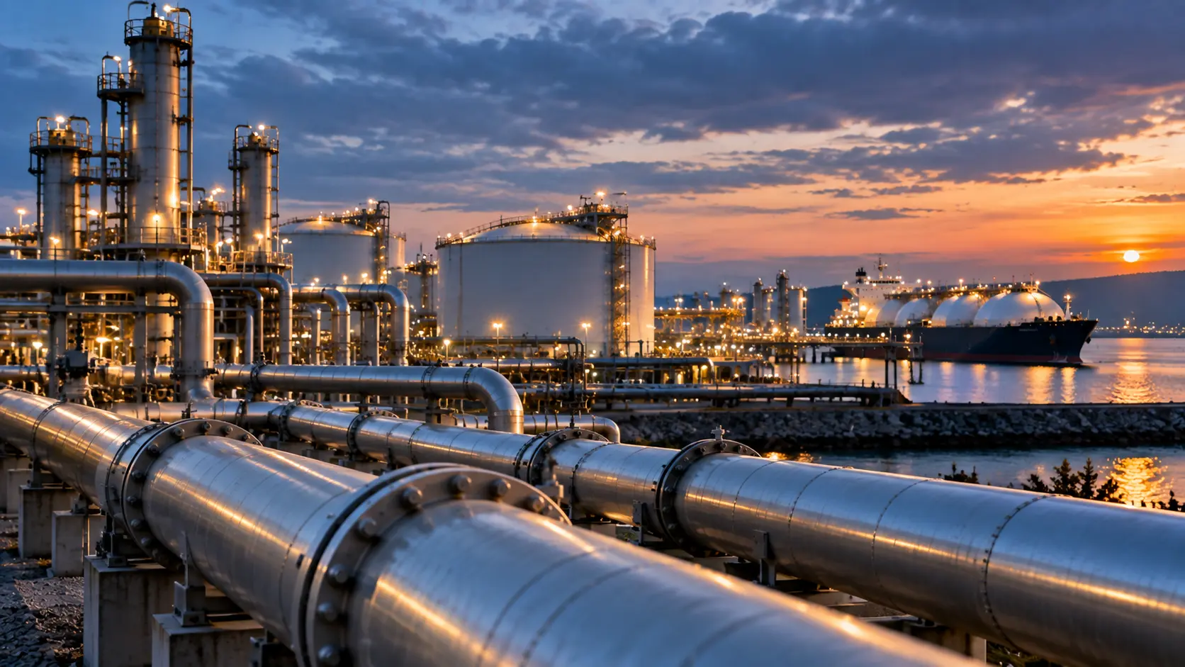 Газовая инфраструктура и СПГ-терминал на закате с трубопроводами, резервуарами и танкером