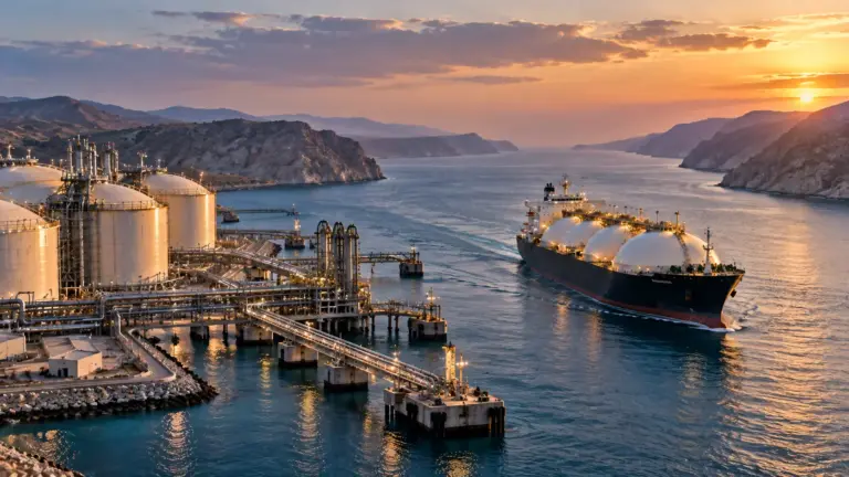 СПГ-терминал у узкого морского пролива и газовоз, выходящий в открытое море