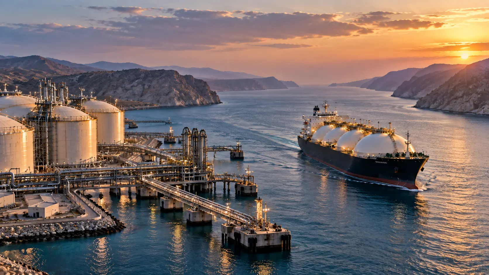 СПГ-терминал у узкого морского пролива и газовоз, выходящий в открытое море