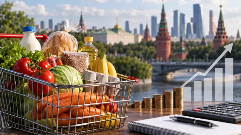 Редакционная иллюстрация инфляции: корзина с продуктами, монеты и калькулятор на фоне Москвы и абстрактного графика изменения цен